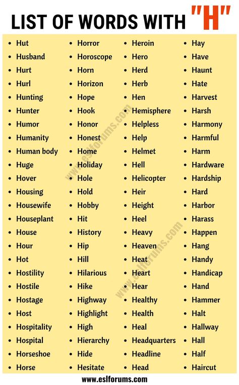 Words that Start with H | List of 100+ Words Starting with H in English - ESL Forums H Letter Words, English Spelling Words, Best Scrabble Words, Words To Describe People, Scrabble Words, H Words, Interesting English Words, Good Vocabulary Words, Good Vocabulary