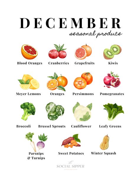 Best December Seasonal Produce (with Cocktails + Mocktails) - The Social Sipper Seasoning For Brussel Sprouts, Vegetables In Season, Blood Orange Recipes, Broccoli And Brussel Sprouts, Seasonal Produce Guide, Winter Produce, Hot Cocktails, Seasonal Cocktail, Seasonal Fruits