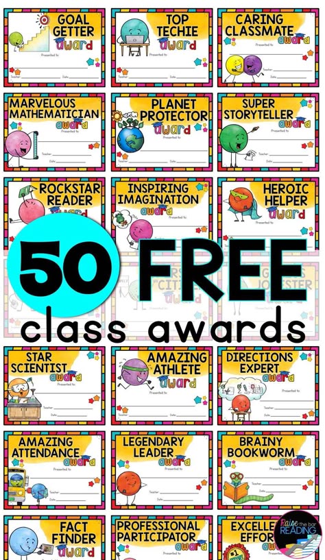 5 PRINTABLE AND DIGITAL END OF YEAR ACTIVITIES FOR ELEMENTARY STUDENTS - Raise the Bar Reading Award For Preschoolers, End Of The Year Superlatives For Kids, Preschool Personality Awards, Class Certificates Free Printable, Student Superlative Awards, Pre K Awards Ideas, Pre K Superlatives, Kindergarten End Of Year Celebration, Kindergarten Awards Certificates