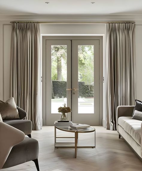 Curtains on French doors, adding style to your entryway. Dressing French Doors, Curtains In Front Of French Doors, French Door With Curtains, Curtains On French Doors, Curtains Over French Doors, Window Treatments For French Doors, Bedroom French Doors, Chic Entryway, Blinds Ideas