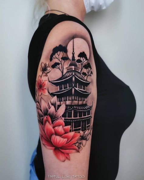 Asian Style Tattoos Women, Japon Tattoo, Pagoda Tattoo, Arm Tattoos Lettering, Inside Of Arm Tattoo, Japanese Tattoo Women, Arrow Tattoos For Women, Indian Feather Tattoos, Temple Tattoo