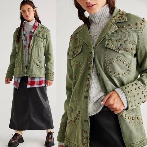 NEW Free People Rock And Stud Shirt Jacket Chic Button-up Utility Jacket With Flap Pockets, Free People Scout Jacket, Utility Button-up Shacket With Multiple Pockets, Utility Button-up Shacket With Flap Pockets, Free People Coats & Jackets, Studded Shirt, Lingerie Photos, Army Green Jacket, Free People Jacket