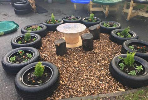 Upcycled Tyres, Pencil Fence, Eyfs Outdoor, Eyfs Outdoor Area, Go Kart Tires, Sensory Garden, Outdoor Classroom, Outdoor Learning, Outdoor School