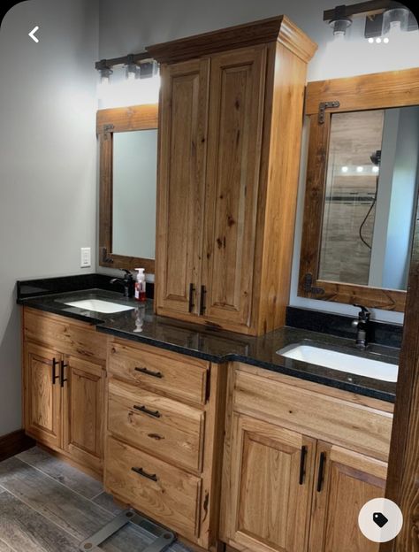 Hickory Bathroom, Rustic Hickory Cabinets, Hickory Kitchen Cabinets, Hickory Cabinets, Cabin Bathrooms, Oak Bathroom, Rustic Bathroom Designs, Double Vanity Bathroom, Rustic Bathrooms