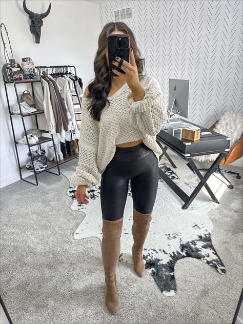 Sweater Dress With Knee High Socks, Knitted Boots Outfit, Fancy Leggings Outfit, Boot And Legging Outfits, Going Out Style 2023, Oversized Sweater And Leather Leggings, Coffee Date Outfit Leggings, Dark Brown Boots Outfit Winter, Bodysuit Outfit Leggings