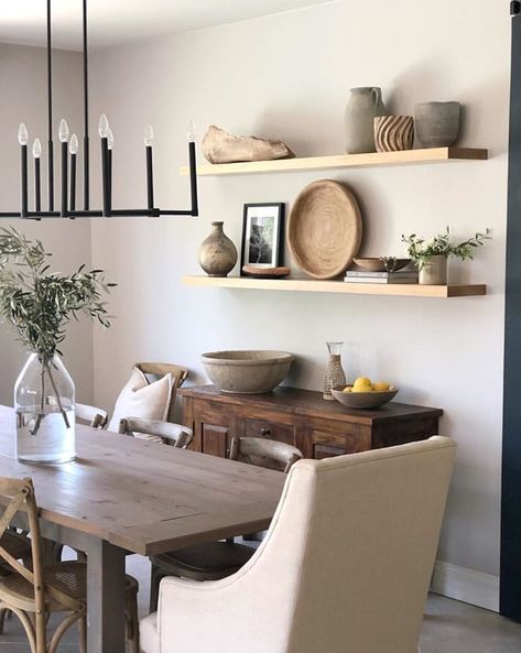 Floating Shelves In Dining Room, Shelves In Dining Room, Dining Room Floating Shelves, Dining Room Shelving, Corner Shelf Ideas, Diy Trinkets, Dining Room Shelves, Diy Floating Shelves, Hand Raised