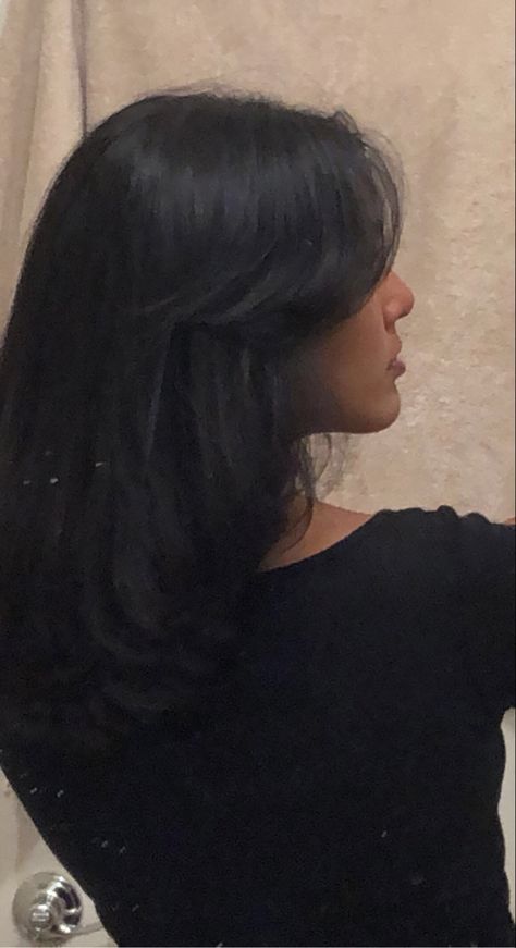 Straight Long Brown Hair With Curtain Bangs, Black Hair Inspo Medium Length, Medium Length Haircut Black Hair, Short Layered Haircuts Straight Hair, Short Black Hair With Layers, Mid Length Black Hair, Thick Wavy Haircuts, Layered Haircuts Straight Hair, Layered Haircuts Straight