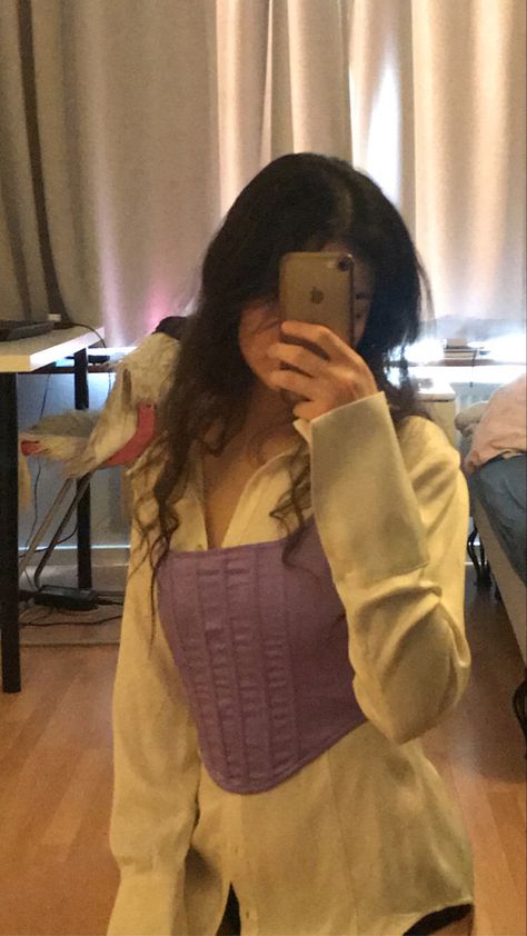 Clothes outfit look purple corset white shirt Corset Over Shirt, Aunt Aesthetic, Button Down Shirt Outfit, Rich Husband, Outfit Corset, Concert Fit, Corset Shirt, Digital Closet, Overbust Corset