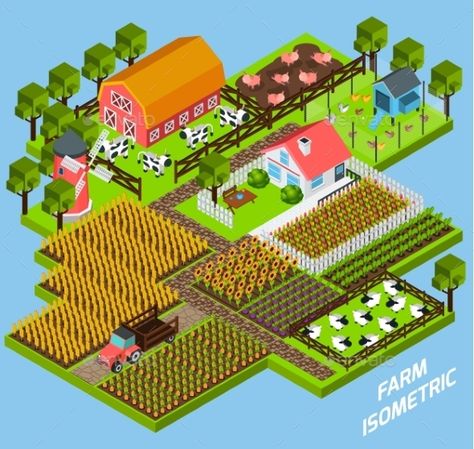 Farm Complex Isometric Blocks Composition Pixel City, Farmhouse Backyard, Smart Farm, Classic Rpg, Landscape Design Drawings, Farm Layout, Graphic Design Infographic, City Cartoon, Isometric Design