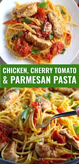 EASY 30-Minute Dinner!  Chicken and Cherry Tomato Pasta has a garlic-y backdrop with sweetness from the cherry tomatoes.  With fresh basil, salty and nutty Parmesan and  hearty chicken and pasta!!  #pasta #tomatoes #easydinner #dinner #easyrecipes #healthydinner #chicken #familydinner #healthyrecipes #glutenfree Chicken With Cherry Tomatoes, Chicken Tomato Pasta, Tomatoes Dinner, Easy Spring Recipes, Chicken And Pasta, Cherry Tomato Recipes, Spring Pasta, Delicious Family Dinners, Cherry Tomato Pasta