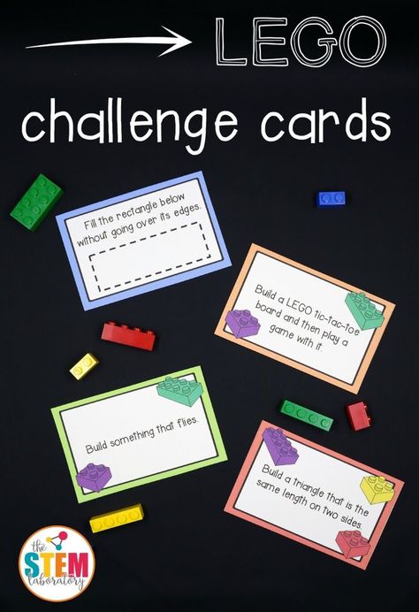 These printable activity challenges are a great way to introduce your child to fun STEM learning. Challenge them to imagine, engineer, and build using their own LEGO collection and these easy to make cards. Lego Challenge Cards, Printables Organizational, Stem Bins, Fun Stem Activities, Lego Challenge, Lego Club, Free Lego, Lego Activities, Steam Activities