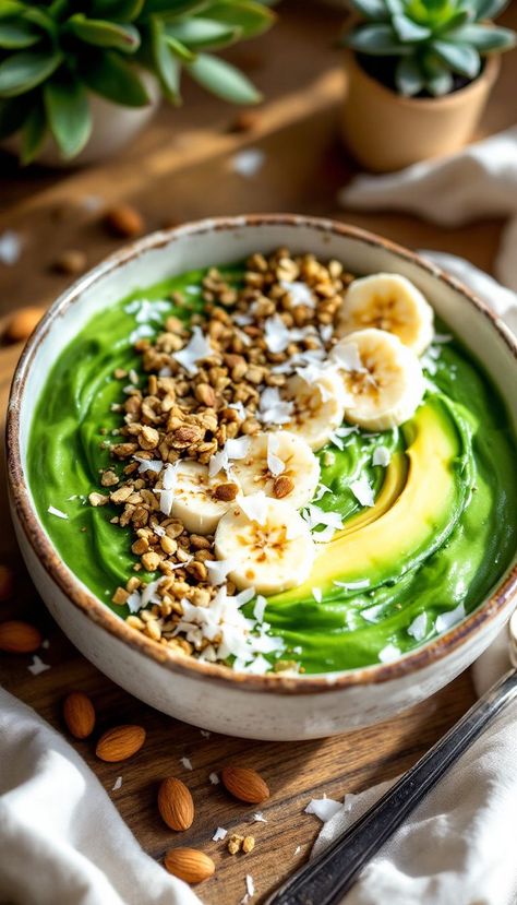 Recipe Ingredients: Spinach, banana, avocado, almond milk, topped with pumpkin seeds, granola, sliced banana, and coconut shavings. • Instructions: In a blender, combine a handful of spinach, 1 banana, half an avocado, and about 1 cup of almond milk. Blend until smooth and creamy. Pour the smoothie into a bowl and top with granola, pumpkin seeds, sliced banana, and coconut shavings as desired. For added flavor, feel free to adjust the toppings based on your taste. Enjoy your refreshing Green Power Smoothie Bowl! Sliced Banana, Coconut Shavings, Power Smoothie, Green Power, Recipe Ingredients, Smoothie Bowl, Pumpkin Seeds, Almond Milk, Ingredients Recipes