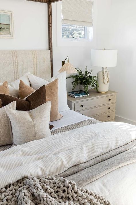 Striped Headboard, Salt Interiors, Cream Lamp, Beach Style Bedroom, Pure Salt Interiors, Pure Salt, Bedroom Orange, Wooden Nightstand, Gorgeous Bedrooms