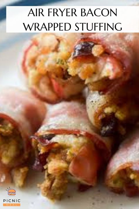 Bacon Wrapped Apple Slices, Stove Top Stuffing Appetizers, Bacon Wrapped Sausages Air Fryer, Bacon Wrapped Sausage Bites, Apple Bacon Stuffing, Bacon Wrapped Chicken Bites Air Fryer, Mac And Cheese Burger, Stove Top Stuffing Mix, Sausage Wrap