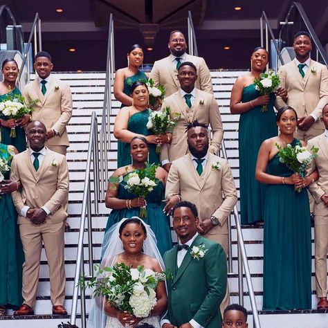 STANLION CLOTHING on Instagram: "WHEN IT COMES TO GROOM AND GROOMSMEN MATTERS LEAVE FOR US, WE ARE THE BEST IN THE GAME 🔥🔥🔥💪💪💪 . . . Through back to Morti & Celine, that tan and emerald green fits like Ying & Yang 🔥🔥🔥🔥💪" Gold Bridesmaid And Groomsmen, Groomsmen Tan Suit Green Tie, Emerald Green Groom Suit, Emareld Green, Emerald Green Groomsmen, Green And Tan Wedding, Tan Groomsmen Suits, Tan Groomsmen, 2025 Bride