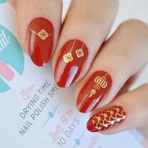 Cute Lunar New Year Nails, Red Lunar New Year Nails, Red Nails Chinese New Year, Traditional Nails Design, Lunar Year Nails, Tet Nail Design, Chinese New Year Dragon Nails, Lunar New Years Nails, Lunar New Year Nails 2024