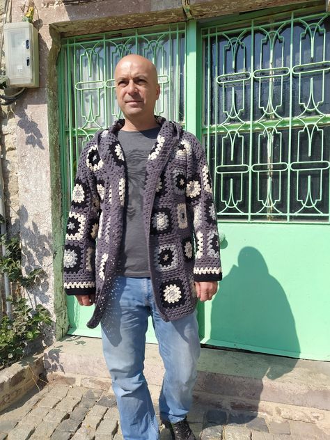 Crochet Cardigan Men Aesthetic, Crochet Man Cardigan, Mens Granny Square Cardigan, Men’s Cardigan Crochet, Crochet Pattern Men’s Cardigan, Patchwork Cardigan, Boho Sweater, Mens Cardigan, Granny Square