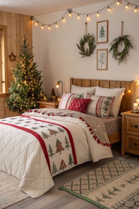 Cosy Christmas Bedroom, Bedroom Holiday Decor, Master Bedrooms Christmas Decor, Decorating Kids Room For Christmas, Christmas Decor Dorm, Bedroom Christmas Tree Ideas, Christmas Bedroom Decor Aesthetic, Christmas Room Decor Ideas Bedrooms, Farmhouse Christmas Bedroom Decor