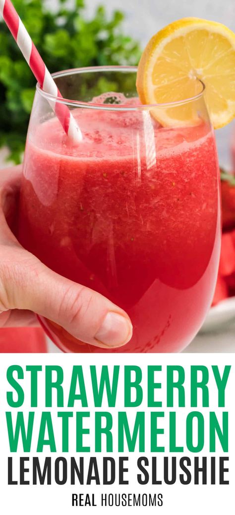 Strawberry Watermelon Lemonade Slushies are perfect on a hot summer day. Fresh fruit & sweet lemonade combine for a refreshing frozen drink! Lunches For Hot Summer Days, Watermelon Lemonade Recipe, Slushies Recipes, Strawberry Watermelon Lemonade, Watermelon Strawberry Drink, Frozen Watermelon Lemonade, Watermelon Drink Recipes Nonalcoholic, Strawberry Lemonade Slushies, Frozen Fruit Drinks