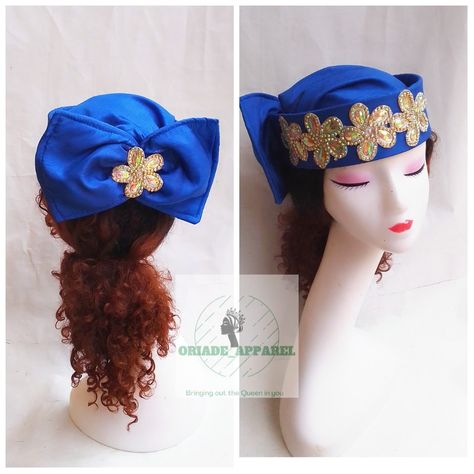 Made this with love 💙 Material: Rawsilk Zaracap et Applique Zara Cap Designs, Fascinator Ideas, Zara Cap, Gele Styles, African Bridal Dress, Corset Sewing, Turban Cap, Corset Sewing Pattern, Hair Wrap Scarf