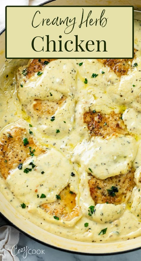 herb chicken with a creamy sauce Chicken With Sour Cream Sauce, Cream Of Chicken With Herbs Recipe, Recipes With Chicken Breast Crockpot, Cream Of Chicken With Herbs Soup Recipes, Boiled Chicken Thigh Recipes, What To Make With Chicken Thighs, Chicken Thighs Dinner Ideas, Moist Chicken Breast Recipes, Chicken With Cream Of Chicken Soup