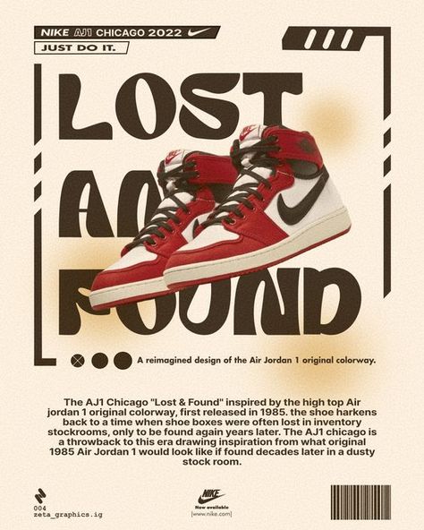 Sneaker Posters Vintage, Jordan Posters Shoes, Jordan Sneaker Poster, Nike Lost And Found, Poster Nike Vintage, Clothing Design Aesthetic, Nike Poster Aesthetic, Nike Print Design, Sneaker Poster Graphic Design