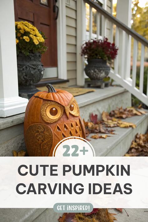 Click for More ➡️ | Save for Later ❤️ | Cute Pumpkin Carving Ideas: Craft a whimsical owl with intricate patterns and vivid details. Cute Pumpkin Carving Ideas, Creative Pumpkin Carving Ideas, Whimsical Moon, Cute Pumpkin Carving, Magical Halloween, Creative Pumpkin Carving, Whimsical Owl, Moon Cat, Easter Egg Designs