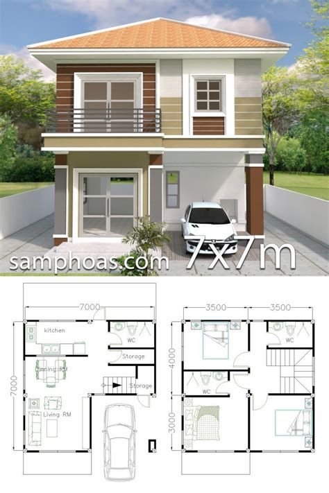 Small Home Design Plan 6x11m With 3 Bedrooms - SamPhoas Plan Nigerian Houses, Small Modern House Plans, Two Story House Design, Three Bedroom House Plan, 2 Storey House Design, Two Story House, Duplex House Plans, Simple House Design, House Plan Gallery