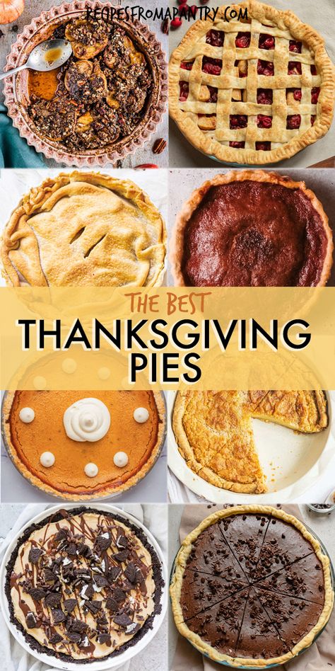 Easy Thanksgiving pies are the best part of a holiday menu and Thanksgiving table. These fall pies and other Thanksgiving desserts make great prep ahead desserts, brunch treats or even breakfast treats for everyone. Homemade Thanksgiving pies can be made ahead and stored for ease. Includes Pumpkin Pie, Apple Pie, Chocolate Pie, Banana Pie and Cranberry Pie. Get the Best Pies for Thanksgiving here. #Thanksgiving #pies #dessert #fall Beginner Pie Recipes, Pie For Beginners, 4 Pies On One Sheet Pan, Cinnamon Pumpkin Pie, Pie Dish Recipes, Joanna Gaines Apple Pie Recipe, Best Pie For Thanksgiving, Christmas Pumpkin Pie, Thanksgiving Pie Flavors