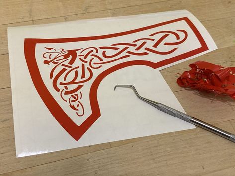 Making a Viking Axe - Part 2 - Fatlab Designs Viking Axes Design, Mythical Dragons, Couple Costume, Celtic Patterns, Metal Etching, Wire Wheel, Dragon Pattern, Vinyl Sheets, Celtic Designs