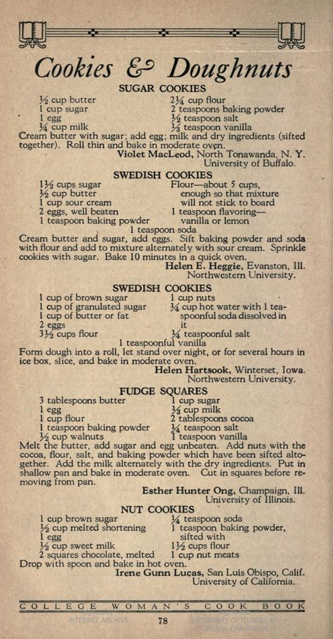 The college woman's cook book. - Full View | HathiTrust Digital Library | HathiTrust Digital Library 1900s Recipes, Swedish Cookies, Diy Dessert, Heirloom Recipes, Vintage Cooking, Recipe Books, Grandmas Recipes, Vintage Cookies, Old Fashioned Recipes