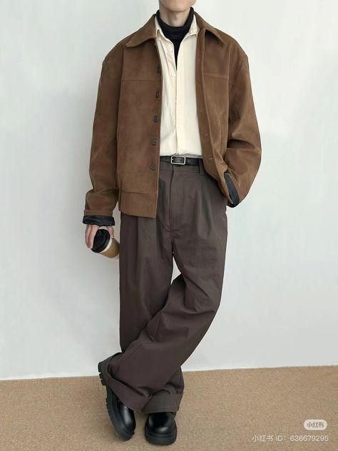 Men’s Brown Jacket Outfit, Brown Jacket Men Outfit, Navy And Brown Outfit, Jacket Brown Outfit, Minimal Outfit Men, Oversized Shirt Men Outfits, Work Jacket Outfit, Brown Jacket Outfit Men, Brown Cardigan Outfit