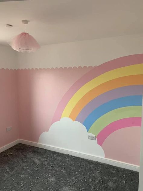 Rainbow Wall Decor Diy, Rainbow On Wall Kids Rooms, Girls Rainbow Room Ideas, Rainbow Girls Room Ideas, Girls Bedroom Mural Ideas, Rainbow Wall Bedroom, Rainbow Bedroom Girl, Pink Rainbow Bedroom, Rainbow Mural Kids Room Diy