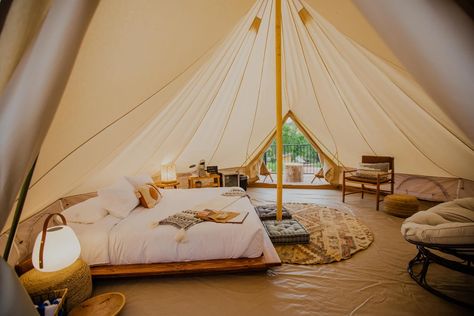 Glamping Tents Bell Tent Interior Ideas, Tent Camping Essentials, Bohemian Camping, Bell Tent Interior, Tent Interior, Glamping Business, 5m Bell Tent, Bell Tent Glamping, Tent Life