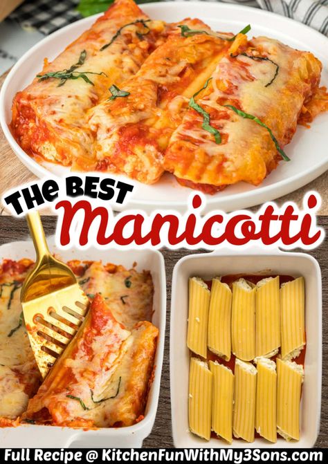 This cheesy Manicotti Recipe is the ultimate comfort food. The manicotti are baked to perfection with a savory cheese filling that pairs wonderfully with your favorite marinara sauce. 3 Cheese Manicotti Recipe, Stuffed Manicotti Recipe, Cheese Manicotti Recipe, Best Manicotti Recipe, Easy Manicotti Recipe, Baked Manicotti, Stuffed Manicotti, Cheese Manicotti, Cheesy Pasta Recipes