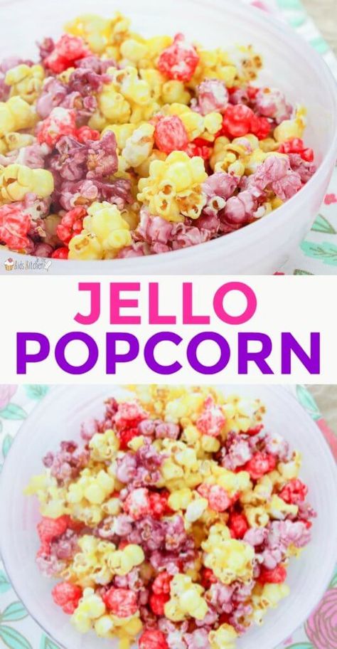 Sweet and colorful — candy coated Jello popcorn is the perfect Spring or Summer treat! Hello Popcorn, Jello Popcorn Balls Recipe, Jello Popcorn Balls, Jello Popcorn Recipe, Candy Coated Popcorn Recipe, Recipe Marshmallows, Jello Popcorn, Colorful Popcorn, Flavored Popcorn Recipes