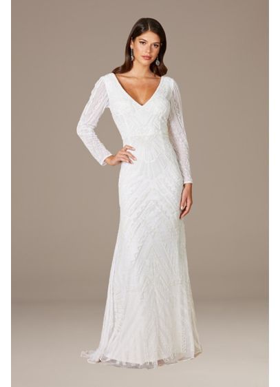 Lara Gretchen V-Neck Long Sleeve Wedding Dress 51072 Wedding Dress Column, Premier Dress, Trumpet Bridal Gown, Embroidered Wedding Dress, Long Sleeve Wedding Dress, Davids Bridal Wedding Dresses, Luxurious Dresses, Lace Evening Gowns, Wedding Dresses Beaded