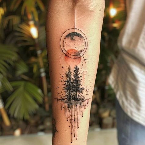 Small Trees Tattoo, Water And Tree Tattoo, Tattoo Ideas For Legs For Women, Tattoos For Resilience, Horizontal Tattoos For Women, Atmosphere Tattoo, Unique Nature Tattoos, Straight Tattoo, Fractal Tattoo