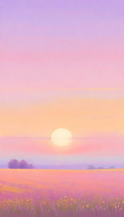 The sun rises over a lavender field, painting the horizon with warm pastel shades of dawn. Rising Sun Illustration, Sun Rise Painting, Lavender Field Painting, Lavender Sunset, Field Wallpaper, Soft Pastel Art, Field Painting, Pastel Sunset, Sun Illustration