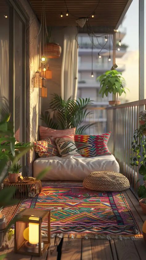 84 Inspiring Boho Balcony Decor Ideas - DecorWithEva Cozy Balcony Ideas, Boho Balcony, Cozy Balcony, Rustic Outdoor Decor, Small Balcony Garden, Small Balcony Design, Comfy Seating, Apartment Patio, Small Balcony Decor