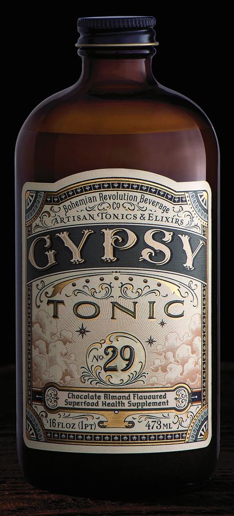 “Brandon Johnson, founder of the Bohemian Revolution Beverage Company, tasked Ginger Monkey Design with bringing its new health food drink, Gypsy Tonic, to life. The vision was to make the label feel at home with an 1800’s apothecary scene while keeping a modern edge. We initially created the design by hand; this helped draw out an authentic handmade quality within the design. The label was later digitally redrawn to make it easier to manage for print.” Apothecary Advertisement, Rustic Label Design, Apothecary Products, Apothecary Packaging Design, Apothecary Label Design, Apothecary Vibes, 1800s Design, Apothecary Font, Apothecary Graphic Design