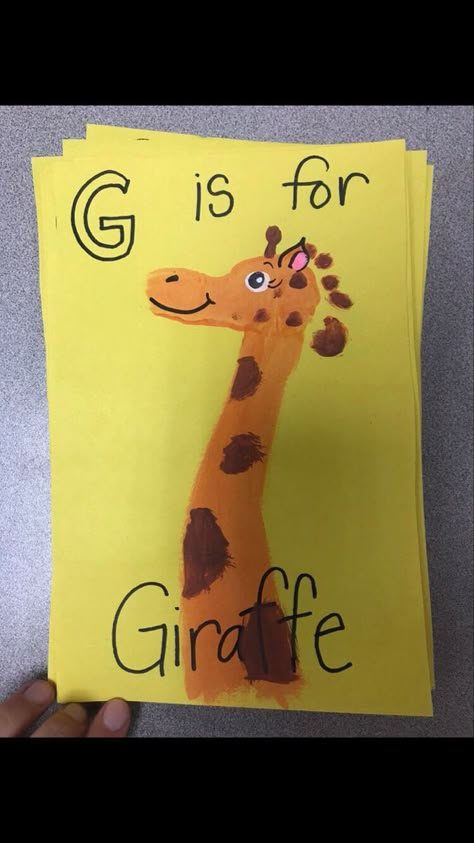 Zoo Animal Art For Infants, Letter I Footprint Craft, G Is For Handprint Craft, Giraffe Footprint Art, Zoo Crafts For Infants, February Infant Art, Animal Crafts For Infants, Alphabet Footprints, Footprint Alphabet