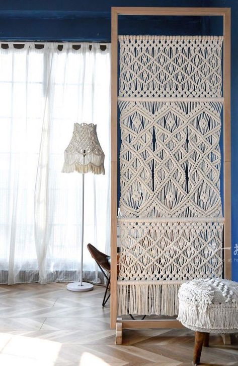 Macrame Room Divider Rope Partition Ideas, Macrame Partition, Diy Room Divider Easy, Diy Room Divider Ideas, Divider Room, Macrame Room Divider, Macrame Room, Wall Partition, Earthy Home Decor