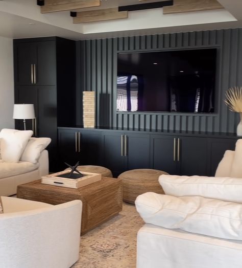 Dark Couch Basement, Basement Media Wall Built Ins, Dark Grey Media Room, Media Playroom Combo, Living Room Armoire Ideas, Modular Sofa Ideas, Tv Room Remodel, Tv Theater Room, Main Bedroom Ideas Master Suite 2023