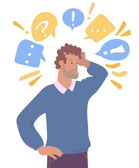 Puzzled man looking for problem solution. Thoughtful man. Young man thinking or solving problem, surrounded by thought bubbles, question marks. Flat cartoon vector illustration. Math Solving, Puzzle Man, Man Thinking, Question Marks, Vector Nature, Problem Solution, Thought Bubbles, Problem And Solution, Question Mark