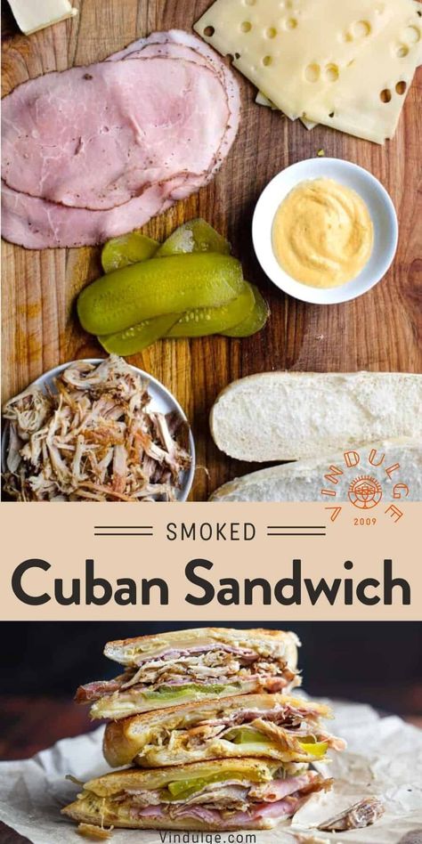 What could be better than a Cuban sandwich – you know, the pressed sandwich made with roasted pork, ham, Swiss cheese, pickles, mustard, served hot on Cuban bread — A smoked Cuban Sandwich made with smoked pork shoulder. Shaved Pork Sandwiches, Pork Chop Sandwich Recipes, Cuban Recipe, Cuban Sandwich Recipe, Pork Chop Sandwiches, Pork Sandwich Recipes, Leftover Pulled Pork, Lunch Sandwiches, Cheese Pickles