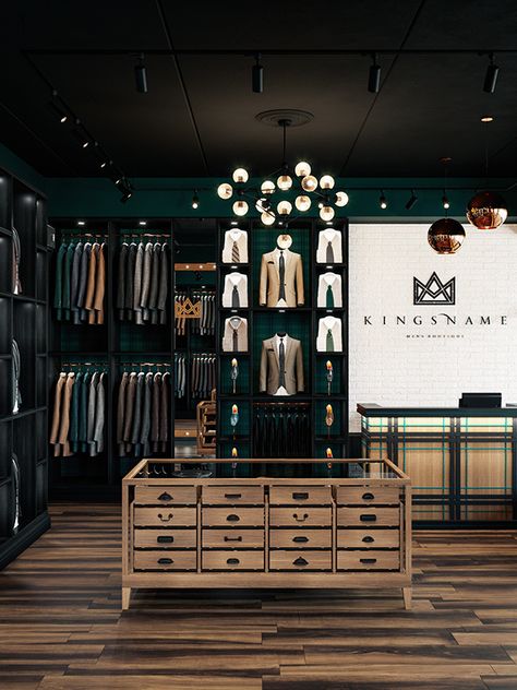 MEN'S BOUTIQUE "KINGSNAME" on Behance Tailoring Shop Interior Design, Luxury Retail Store, Men's Boutique, Retail Store Interior Design, Suit Stores, Clothing Store Interior, Clothing Store Design, Retail Interior Design, Luxury Closets Design