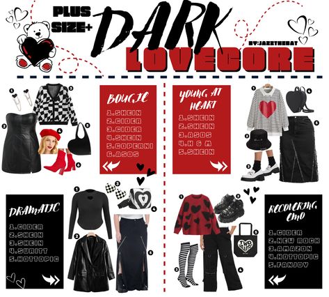 Plus size inspo for dark lovecore, lovecore, and valentines day Dark Lovecore, Lovecore Outfits, Olivia Outfits, Love Core, Dark Love, Vintage Americana, New Rock, Cider, Pin Up