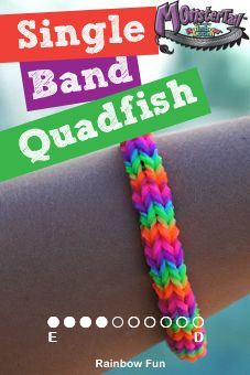 How to make a Rainbow Loom Monster Tail Single Band Quadfish bracelet. This design is made on the Monster Tail Loom and looks amazing in a variety of different colours. Monster Tail Bracelets, Monster Tail Loom, Loom Bands Designs, Loom Bands Tutorial, Loom Band Patterns, Rainbow Loom Bracelets Easy, Loom Love, Fun Loom, Rainbow Loom Tutorials