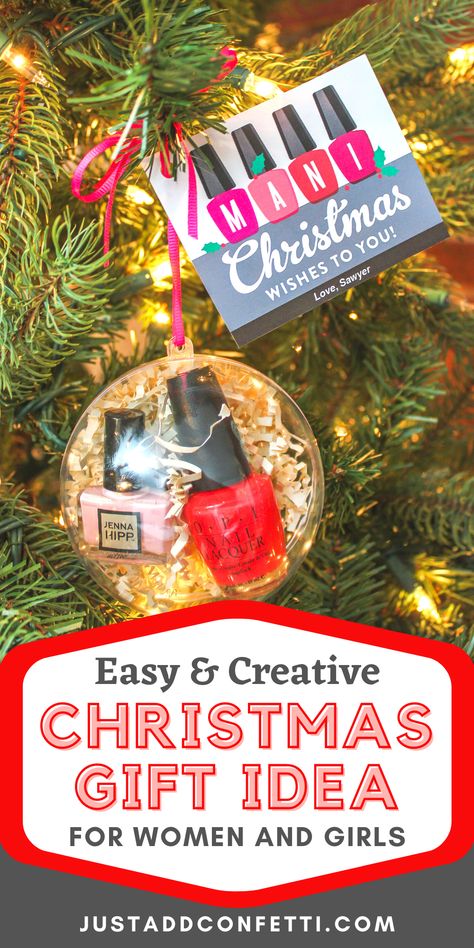 Looking for an easy and creative DIY Christmas gift for women and teen girls? I've got a great gift idea for you! This "Mani Christmas Wishes" nail polish Christmas gift idea is so cute and easy to put together. Also, be sure to include my Just Add Confetti printable gift tag. Head to justaddconfetti.com for even more simple and creative Christmas gift ideas and printables for this holiday season! Creative Christmas Gift Ideas, Diy Halloween Witch, Christmas Presents For Girls, Polish Christmas, Christmas Crafts For Adults, Creative Christmas Gifts, Easy Christmas Gifts, Wrap Ideas, Cute Christmas Gifts